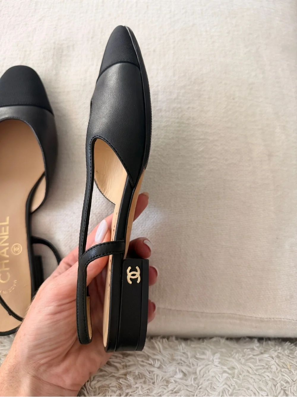 CHANEL Black Goatskin & Grosgrain Slingback Flats